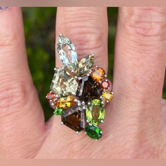 Jewelry - Sterling Silver Prasiolite Smoky Quartz, Citrine, Peridot, Tsavorite Ring Size 8